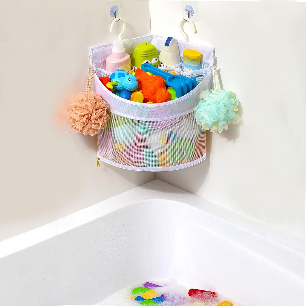 Baby Bath Toy Organizer, Quick Drying and Mould Proof, Corner Hang-Suspension Holder, Large Capacity Multi Use Shower Caddy (White)